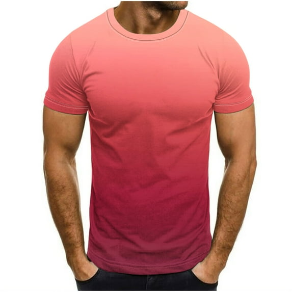 IYTR Mens Crewneck Short Sleeve T Shirt Gradient Color Summer Casual Slim Plus Size Sport Fitness Basic Tops Pink L