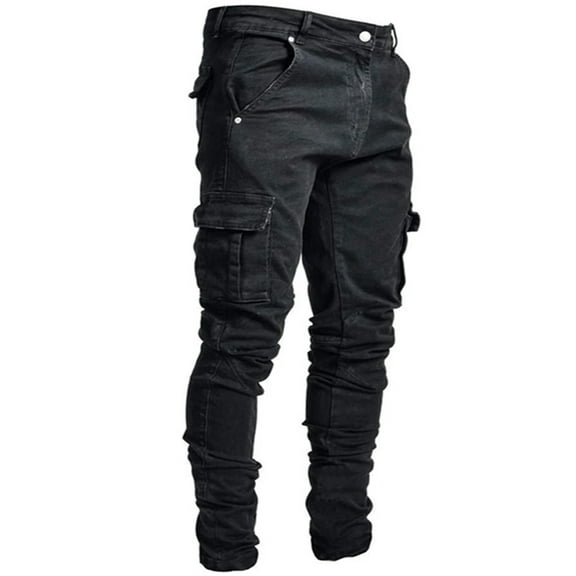 IYTR Mens Denim Cargo Pants Multi-Pockets Straight-leg Pants Fashion Solid Color Button Zipper Rigid Waist Pants Casual Jean Trousers Black S