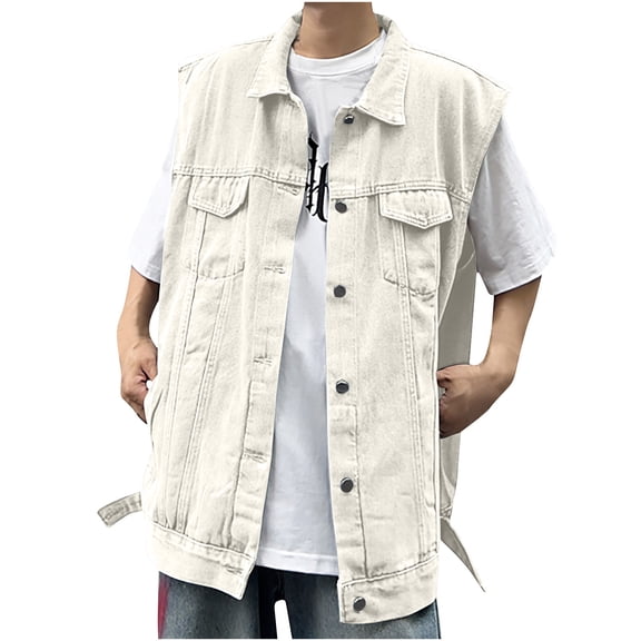 IYTR Mens Denim Vest Button-up Lapel Coat Solid Color Sleeveless Jacket Fashion Punk Jacket with Pocket White L