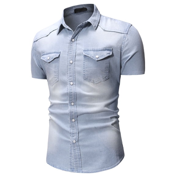 IYTR Mens Denims Shirts Short Sleeve Summer T Shirts Solid Color Casual Fashion Streetwear Style Shirts With Pocket Button-Up Lapel Comfy Light Blue L