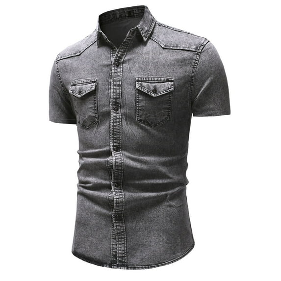 IYTR Mens Denims Shirts Short Sleeve Summer T Shirts Solid Color Casual Fashion Streetwear Style Shirts With Pocket Button-Up Lapel Comfy Gray XL