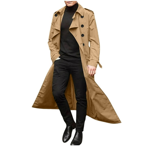 IYTR Mens Double Breasted Trench Coat Long Sleeve Notched Lapel Casual Slim Fit Long Windbreaker Overcoat with Belt (Gold,XL)