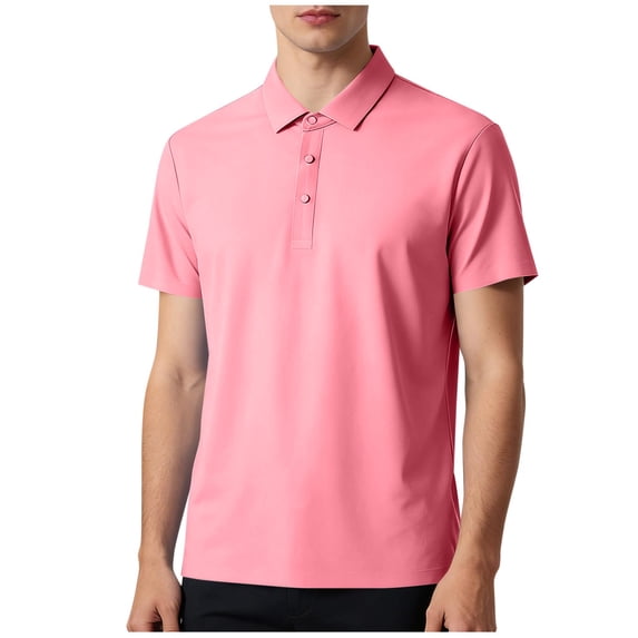 IYTR Mens Dress Shirts Short Sleeve Business Casual Wear Classic Fit Summer Crew Neck Button Loose Leisure Solid Color Tshirt Shirt (Pink,XL)