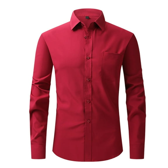 IYTR Mens Dress Shirts Solid Color Long Sleeve Slim Fit Shirts Button-Up Turndown Collar Business Casual Dress Shirts Wine S