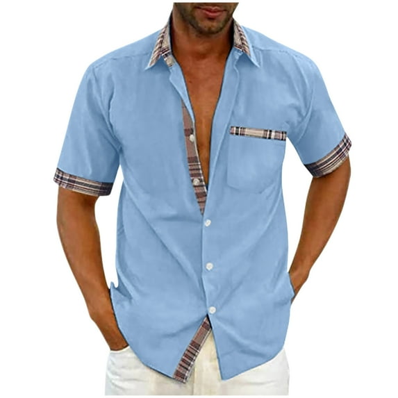 IYTR Mens Dress Shirts Summer Fashion Turndown Collar Short Sleeve T-Shirt Casual Solid Color Button Down Tops Blouses With Pocket