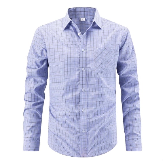 IYTR Mens Dressy Business Shirts Fall Fashion Casual Plaid Long Sleeve Turndown Collar Shirt with Pocket (Sky Blue,L)