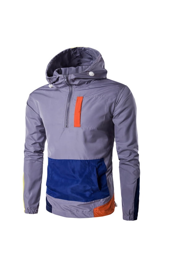 Mens Fall Hoodie Jacket Loose Casual Jumper Baseball Uniform Coat with Pocket Zipper Hooded Neck Pacthwork Long Sleeve Jacket Gray XXL