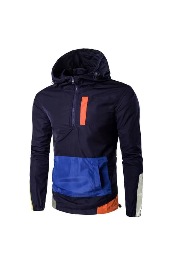 Mens Fall Hoodie Jacket Loose Casual Jumper Baseball Uniform Coat with Pocket Zipper Hooded Neck Pacthwork Long Sleeve Jacket Navy L