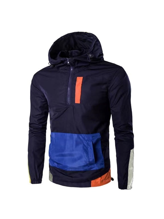 Mens Fall Hoodie Jacket Loose Casual Jumper Baseball Uniform Coat with Pocket Zipper Hooded Neck Pacthwork Long Sleeve Jacket Navy M