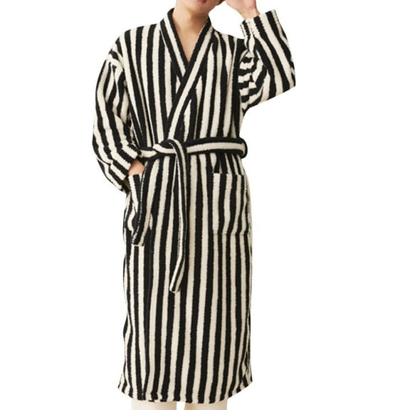 IYTR Mens Fashion Striped Plush Fleece Robe Cozy Warm Shower Bathrobe Fuzzy Robe With Pockets Black XL