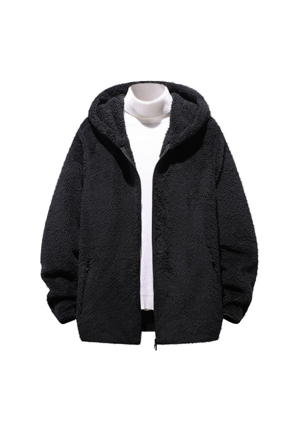 Mens Fleece Jacket Fashion Long Sleeve Hooded Coats Zip Up Fleece Lined Wool Thermal Winter Jackets (Black,L)