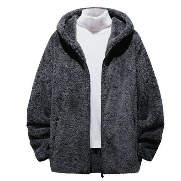 IYTR Mens Fleece Jacket Fashion Long Sleeve Hooded Coats Zip Up Fleece Lined Wool Thermal Winter Jackets (Gray,XL)