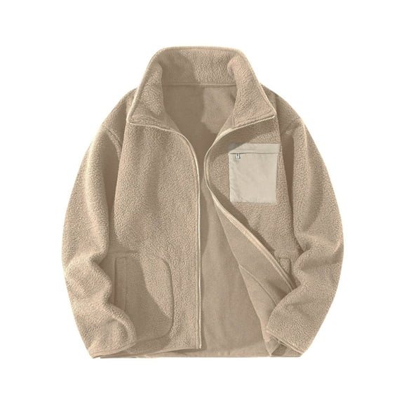 IYTR Mens Fleece Jacket Full Zip Lapel Collar Winter Warm Coats Outdoor Hiking Long Sleeve Casual Outerwear with Pockets (Beige,M)