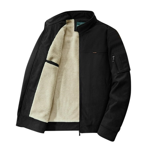 IYTR Mens Fleece Jacket Long Sleeve Zip Up Jacket Solid Color Casual Fleece Lined Thermal Vintage Cargo Work Coats (Black,XXL)