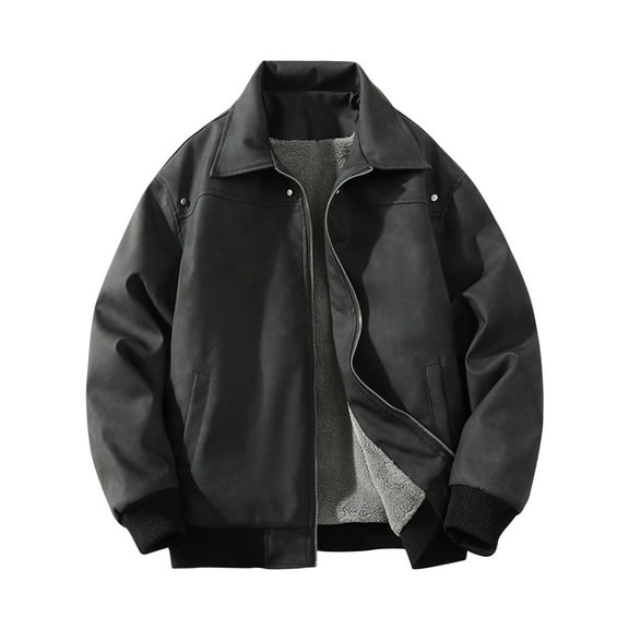 IYTR Mens Fleece Jacket Solid Color Thermal Coats Long Sleeve Zip Up Jacket Stand Collar Winter Warm Coats (Black,M)