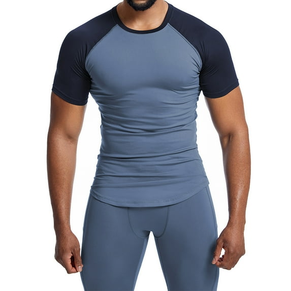 IYTR Mens Gym Shirts Short Sleeve Pullover Round Neck Shirts Solid Color T-shirts Slim Sport Fitness Tshirts Blue M