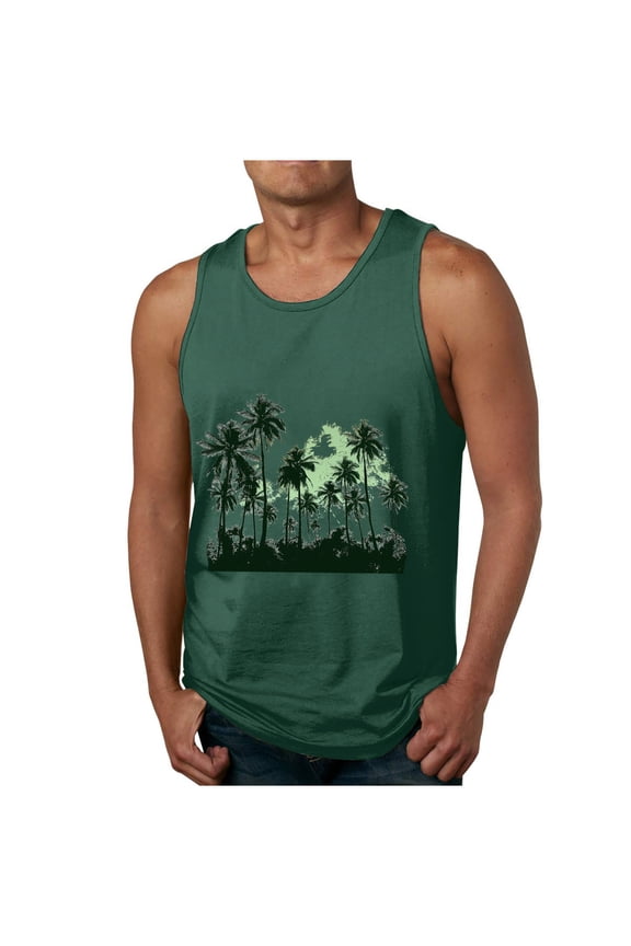 Mens Gym Tank Tops Comfy Classic Comfortable Hawaiian Beach Tee Shirts Casual Coconut Printing Summer Sleeveless T Shirts Round Neck Green S