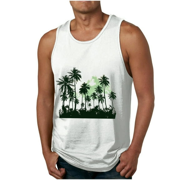 IYTR Mens Gym Tank Tops Comfy Classic Comfortable Hawaiian Beach Tee Shirts Casual Coconut Printing Summer Sleeveless T Shirts Round Neck White XXXL