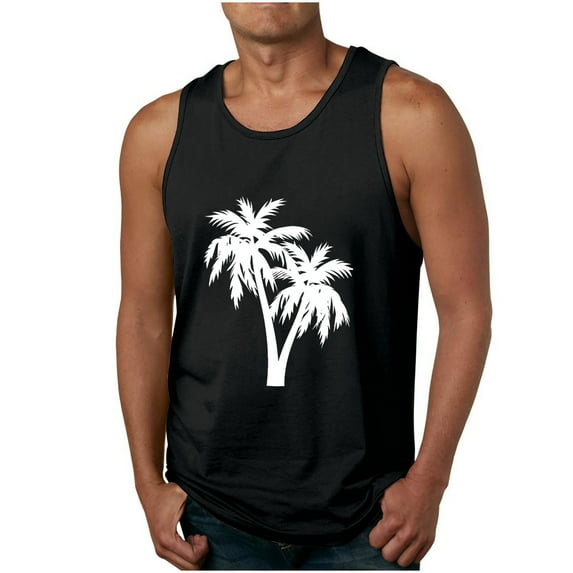IYTR Mens Gym Tee Shirts Comfy Sleeveless T Shirts Round Neck Relaxed Fit Tropical Beach Vacation Tank Tops Casual Coconut Printing Summer Black XXL