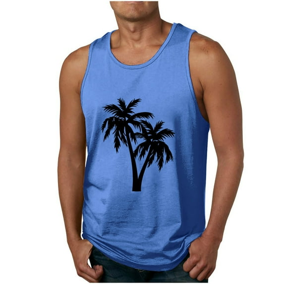 IYTR Mens Gym Tee Shirts Comfy Sleeveless T Shirts Round Neck Relaxed Fit Tropical Beach Vacation Tank Tops Casual Coconut Printing Summer Blue L