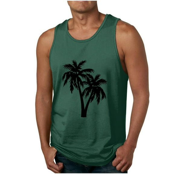 IYTR Mens Gym Tee Shirts Comfy Sleeveless T Shirts Round Neck Relaxed Fit Tropical Beach Vacation Tank Tops Casual Coconut Printing Summer Green XXL