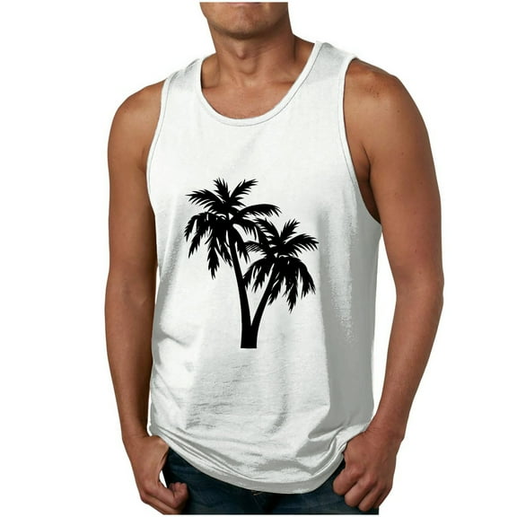 IYTR Mens Gym Tee Shirts Comfy Sleeveless T Shirts Round Neck Relaxed Fit Tropical Beach Vacation Tank Tops Casual Coconut Printing Summer White XXXXL