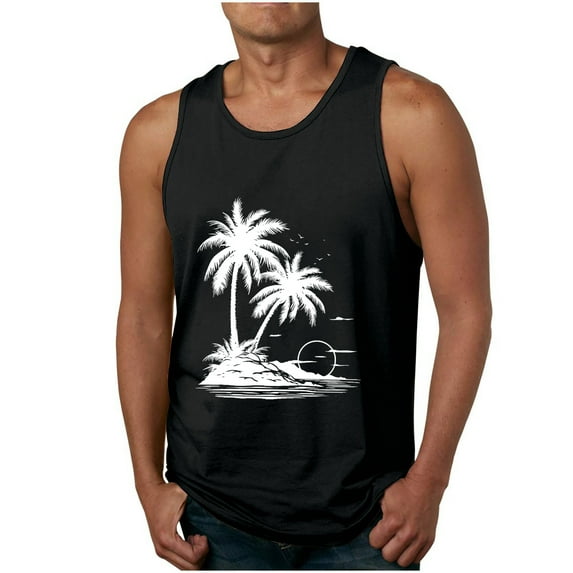 IYTR Mens Hawaiian Beach Tank Tops Sleeveless T Shirts Casual Coconut Printing Summer Comfy Round Neck Sport Tee Shirts Black S
