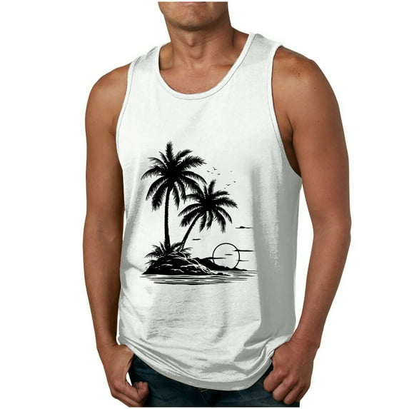 IYTR Mens Hawaiian Beach Tank Tops Sleeveless T Shirts Casual Coconut Printing Summer Comfy Round Neck Sport Tee Shirts White XL