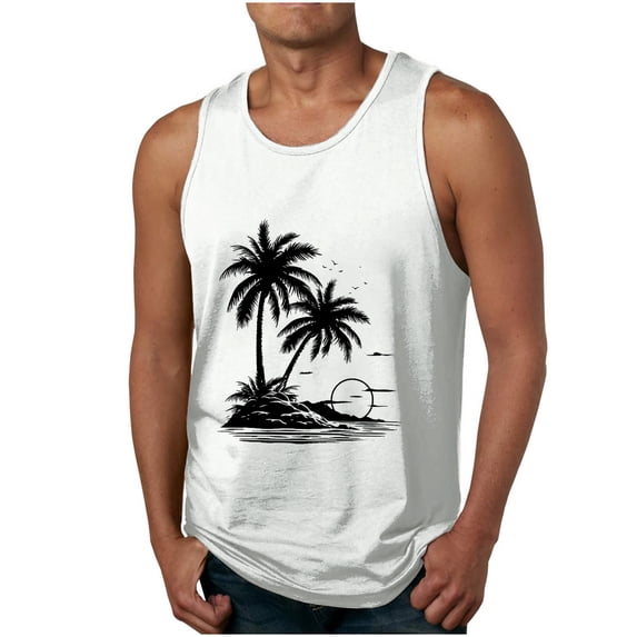 IYTR Mens Hawaiian Beach Tank Tops Sleeveless T Shirts Casual Coconut Printing Summer Comfy Round Neck Sport Tee Shirts White XXXL