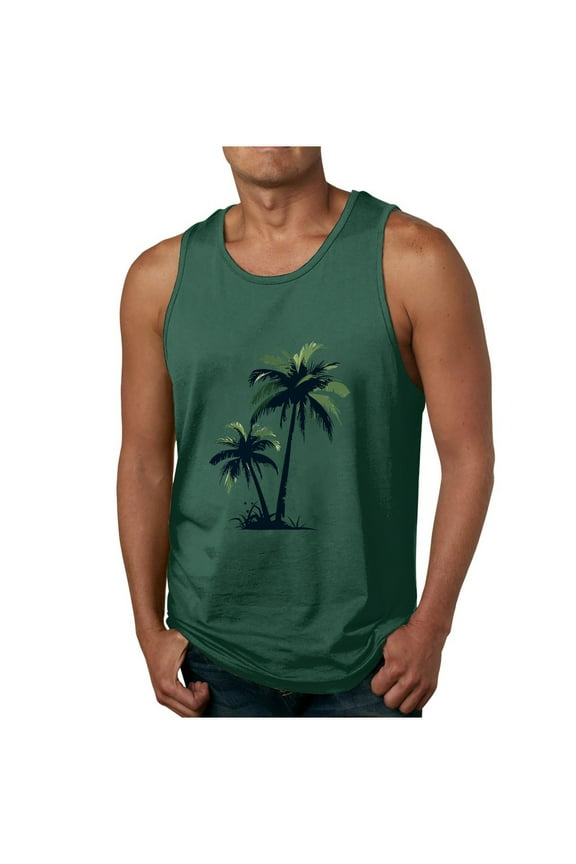 Mens Hawaiian Beach Tank Tops Summer Comfy Coconut Printing Sleeveless T Shirts Round Neck Leaky Back Sports Tank Tops Casual Green XL