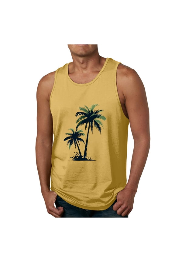 Mens Hawaiian Beach Tank Tops Summer Comfy Coconut Printing Sleeveless T Shirts Round Neck Leaky Back Sports Tank Tops Casual Yellow L