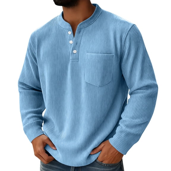 IYTR Mens Henley Corduroy Shirts Stand Collar Button Long Sleeve Ribbed Blouses Casual Loose Fit Tops with Pocket (Sky Blue,M)