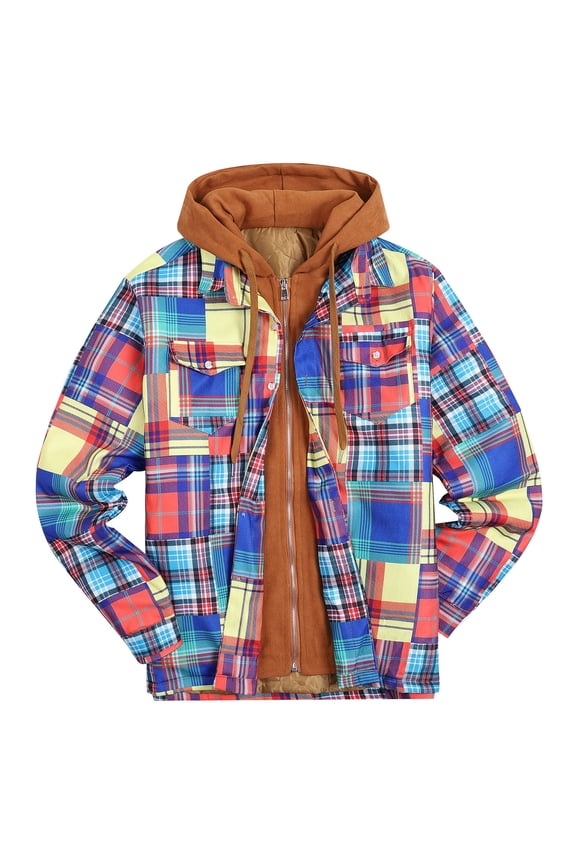 Mens Hooded Fake Two-piece Jacket Long Sleeve Jacket Loose Hooded Fake Two-piece Jacket with Pocket Zipper Hooded Neck Plaid Blue M