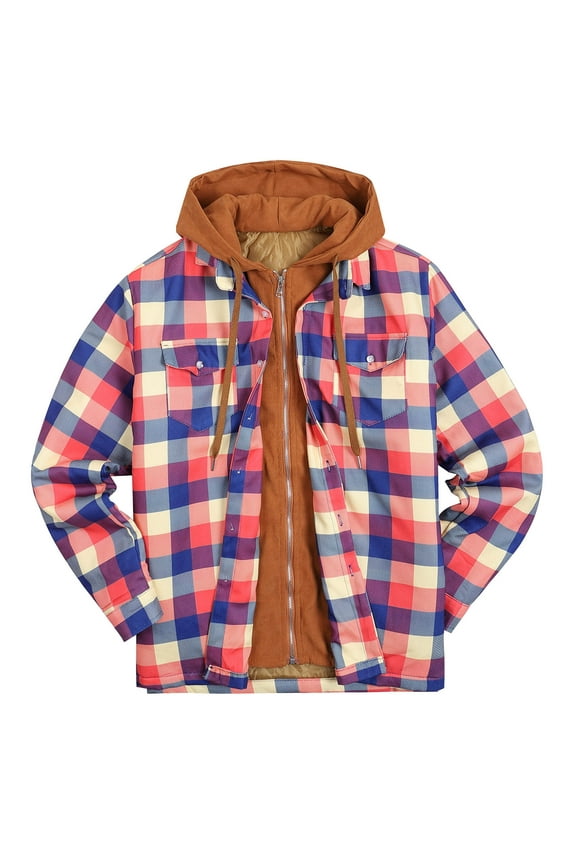 Mens Hooded Fake Two-piece Jacket Long Sleeve Jacket Loose Hooded Fake Two-piece Jacket with Pocket Zipper Hooded Neck Plaid Red S