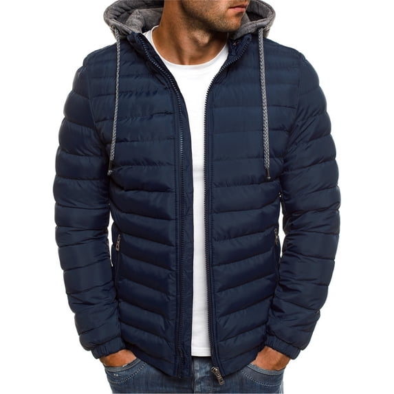 IYTR Mens Hooded Jacket Long Sleeve Solid Color Zipper Hooded Drawstring Jacket Winter Warm Padded Jacket with Pockets Navy XL