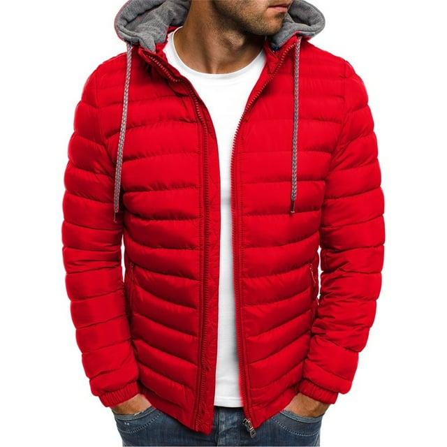 IYTR Mens Hooded Jacket Long Sleeve Solid Color Zipper Hooded Drawstring Jacket Winter Warm Padded Jacket with Pockets Red XL