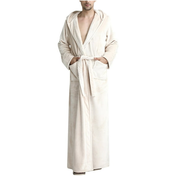 IYTR Mens Hooded Pajamas Robes Solid Color Shawl Collar Robe Winter Warm And Comfortable Bathrobes Beige XL