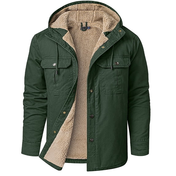 IYTR Mens Hooded Shirts Jacket Solid Color Winter Warm Sherpa Fleece Trucker Coats with Pockets Green XL