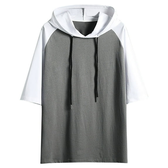 IYTR Mens Hooded Shirts Short Sleeve T Shirts Casual Pullover Hooded Drawstring Tee Shirts Comfy Lightweight Workout Shirts Summer Fashion Color Block Gray L