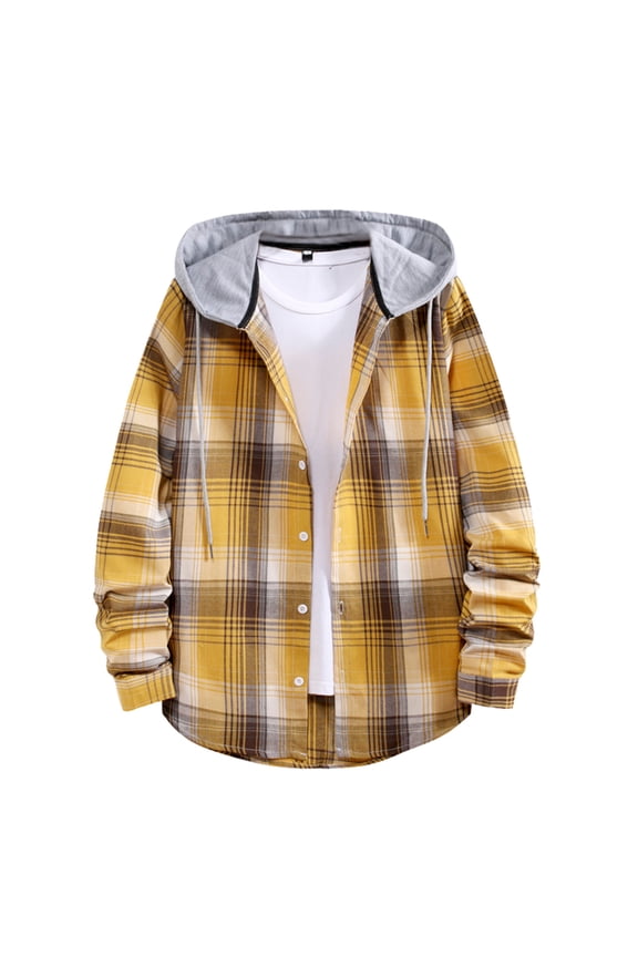 Mens Jackets Button Up Hooded Neck Plaid Long Sleeve Jacket Hooded Drawstring Shirts Jackets Yellow S