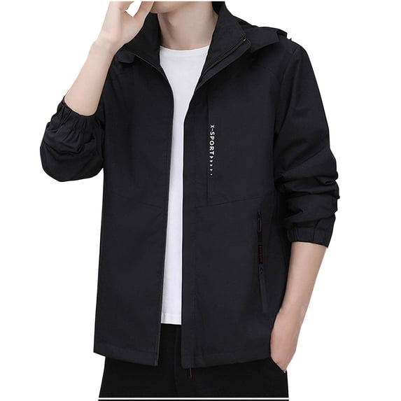 IYTR Mens Jackets Casual Long Sleeve Hooded Water Waterproof Rain Jackets Full-Zip Lightweight Hiking Windbreaker (Black,XXXXXL)