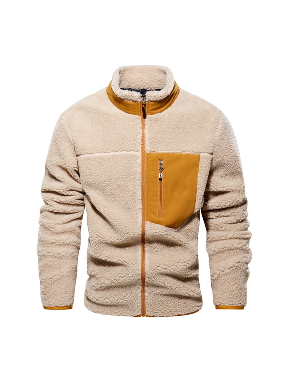 Mens Jackets Casual Retro Jackets with Pocket Patchwork Long Sleeve Jacket Zipper Stand-up Collar Khaki XL