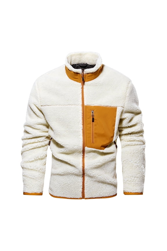 Mens Jackets Casual Retro Jackets with Pocket Patchwork Long Sleeve Jacket Zipper Stand-up Collar White XXXL