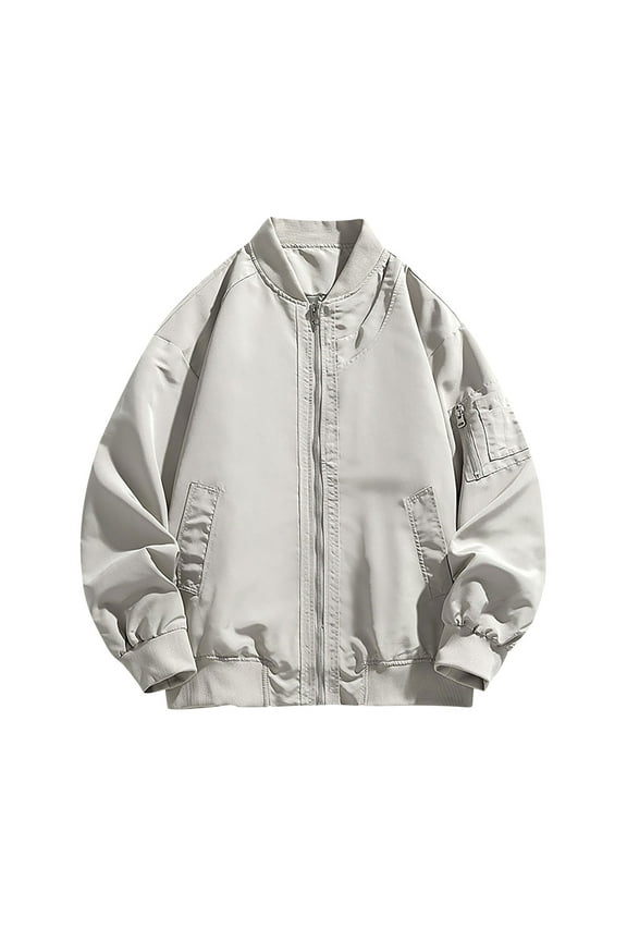 Mens Jackets Casual Thin Jacket Coat with Pocket Solid Color Zipper Stand-up Collar Long Sleeve Jacket White L