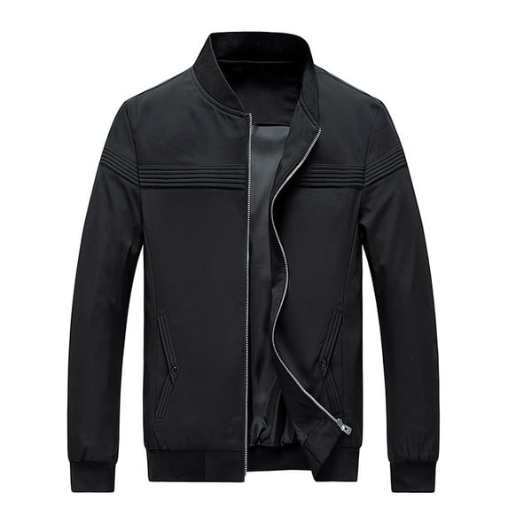 IYTR Mens Jackets Coat Solid Color Long Sleeve Jacket Zipper Stand-up Collar Leisure Baseball Jacket Coat with Pocket Black M