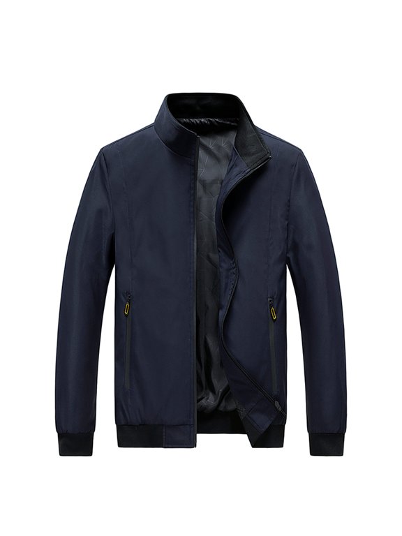Mens Jackets Coat Solid Color Long Sleeve Jacket Zipper Stand-up Collar Leisure Baseball Jacket Coat with Pocket Blue XL