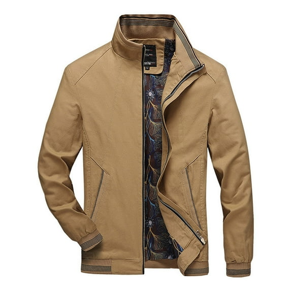 IYTR Mens Jackets Coat Solid Color Long Sleeve Jacket Zipper Stand-up Collar Leisure Baseball Jacket Coat with Pocket Khaki XL