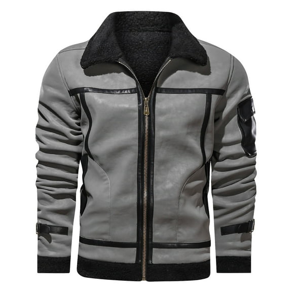 IYTR Mens Jackets Long Sleeve Jacket Imitation Leather Coat Top with Pocket Zipper Lapel Solid Color Gray S