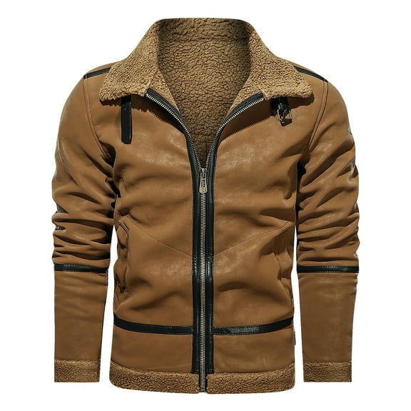 IYTR Mens Jackets Long Sleeve Jacket Imitation Leather Coat Top with Pocket Zipper Lapel Solid Color Khaki XL