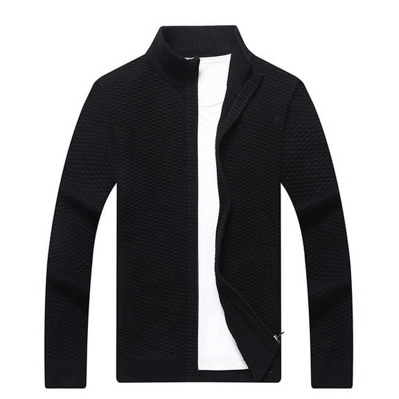 IYTR Mens Jackets Long Sleeve Jacket Zipper Stand-up Collar Fashion Knit Cardigan Sweater Jacket Solid Color Black XL